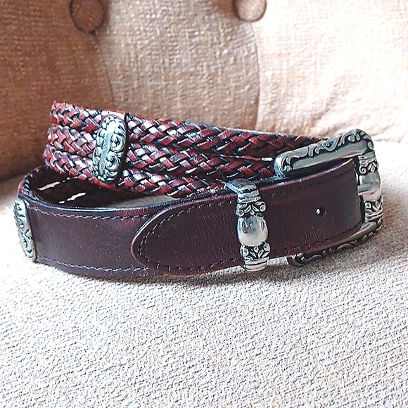 Vintage Brighton Three Strand Brown Braided Leather Belt with Silver Accents EUC - Picture 1 of 8